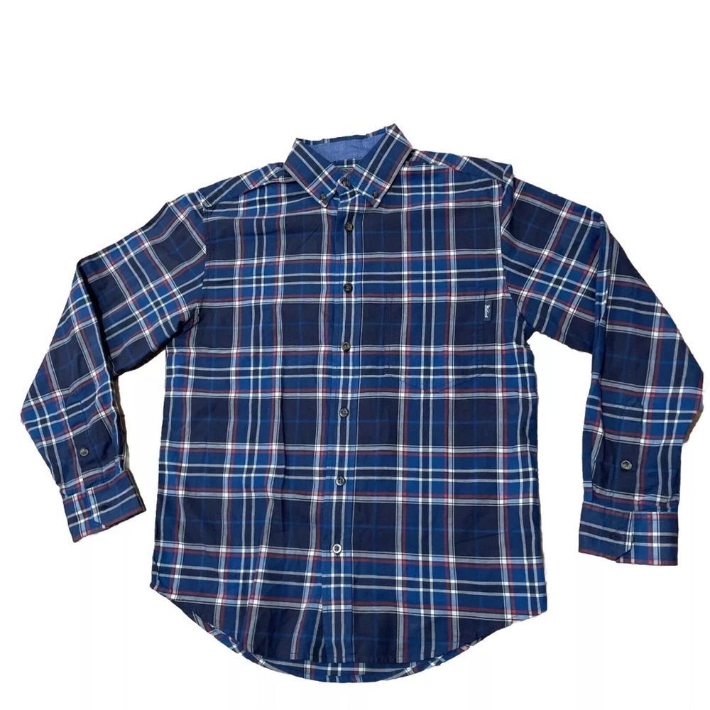 WOOLRICH Shirt Button Down Men Blue Gray Plaid Red Western Outdoor Lightweight S